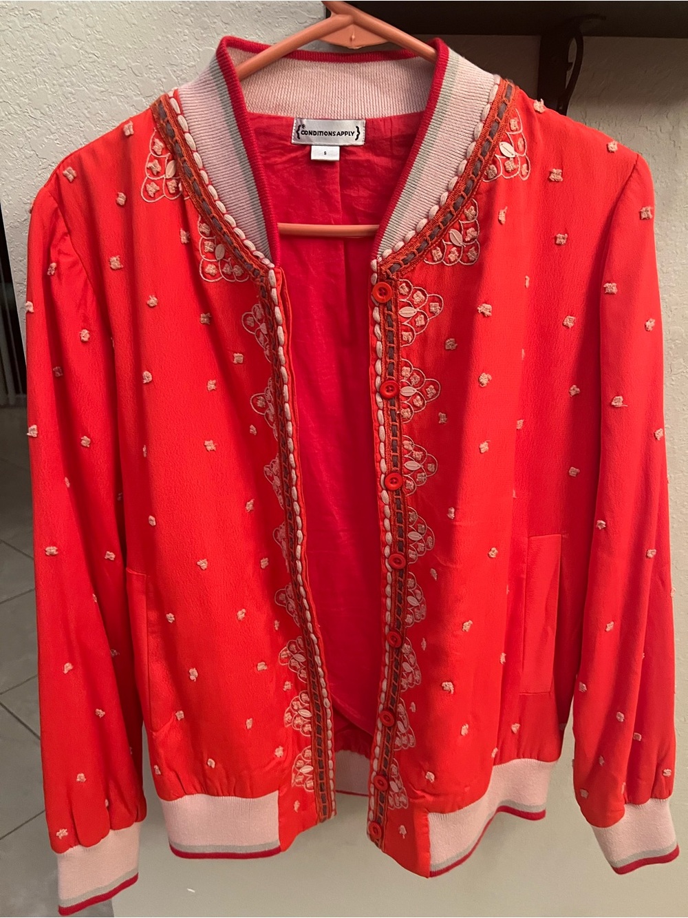Anthropologie Conditions Apply "Arabella" coral red Embroidered Bomber Jacket
Sm
